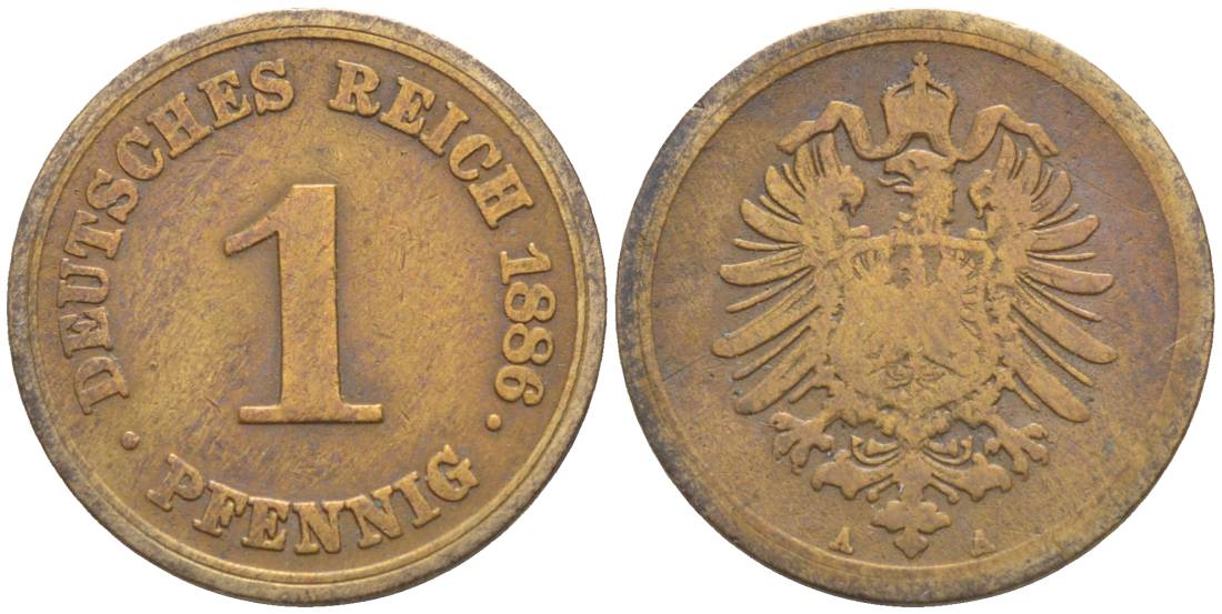 ГЕРМАНИЯ 1 ПФЕННИГ 1886 А, СТАРОГЕРБОВКА KM 1, Jager. 1, Weege 1 медь 4528-1064