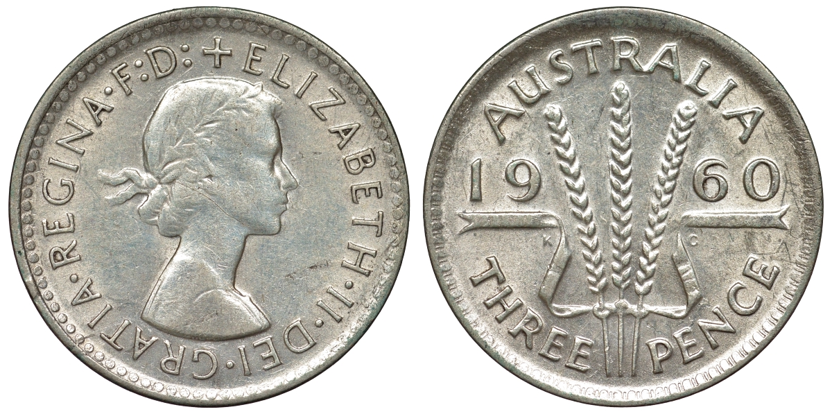 Австралия 3 пенса 1960 m, Елизавета II (1952-2022) KM 57 серебро 71-661