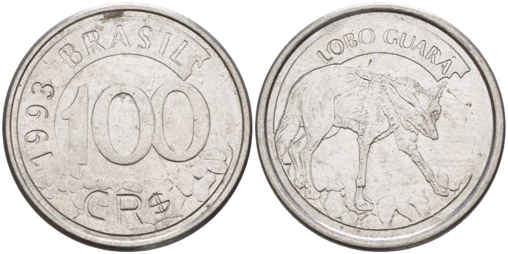 БРАЗИЛИЯ 100 КРУЗЕЙРО РЕАЛ 1993 РЕФОРМА 1993-1994, ВОЛК KM 630 нержавеющая сталь 4388-346