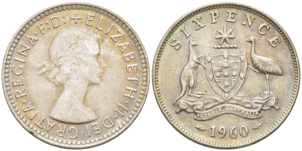 АВСТРАЛИЯ 6 ПЕНСОВ 1960 m, ЕЛИЗАВЕТА II (1953-), ГЕРБ АВСТРАЛИИ, ПРОБА 500, ДИАМЕТР 28,5 ММ. KM 58 серебро 4516-131