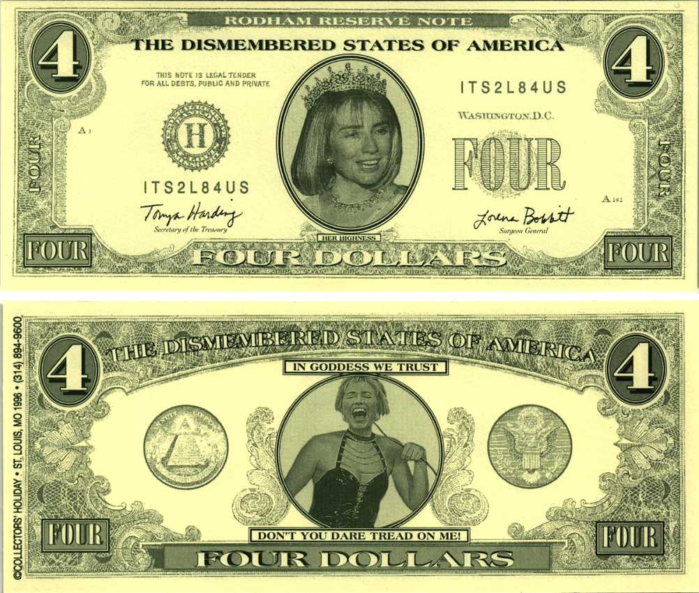 США 4 ДОЛЛАРА 1996 СУВЕНИРНАЯ БАНКНОТА, ХИЛЛАРИ КЛИНТОН В КОРОНЕ, НАДПИСЬ THE DISMEMBERED STATES OF AMERICA, ХИЛЛАРИ В САДО-МАЗО БЕЛЬЕ С РОЗГОЙ бумага UNC (ПРЕСС) 7198-33-3-1