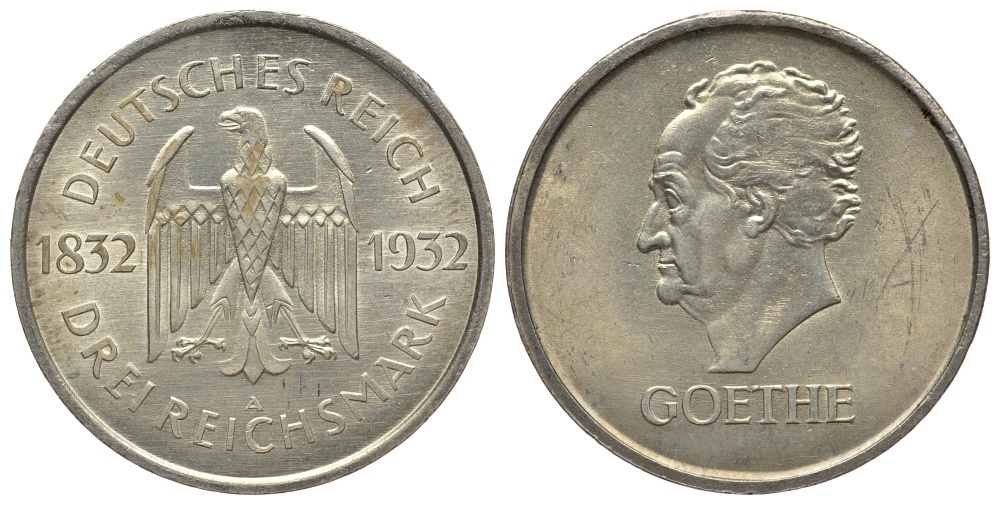 Германия 3 марки 1932 A, 100 лет со дня смерти Иоганна Вольфганга фон Гёте J. 350, KM 76 серебро 00-812-08
