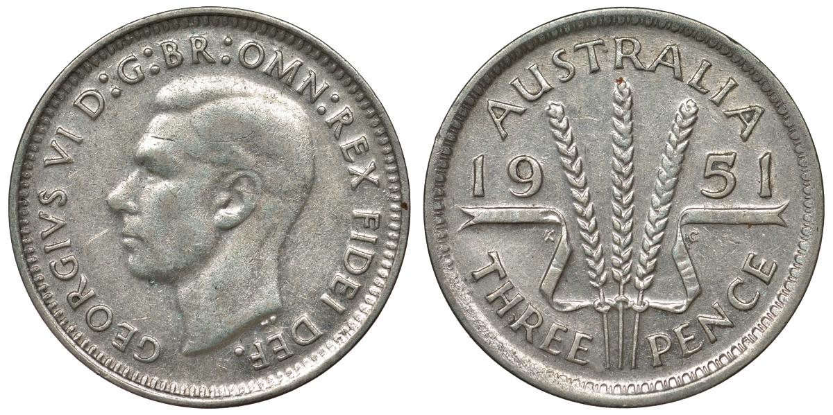 Австралия 3 пенса 1951 m, Георг VI (1937-1952), без букв KM 44 серебро 71-319