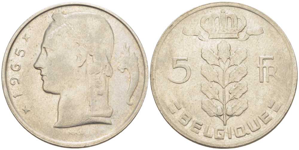 БЕЛЬГИЯ 5 ФРАНКОВ 1965 BELGIQUE, БОДУЭН I (1951-1993) KM 134.1 медно-никель 202-1241