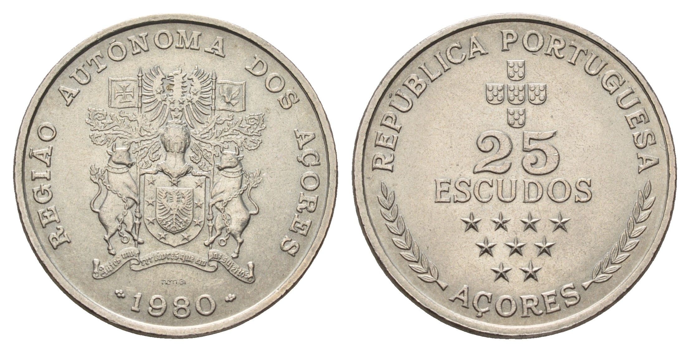 Португалия, Азорские острова 25 эскудо 1980 (1981) Автономная область Азорские острова KM 43 медно-никель UNC 4678-1052