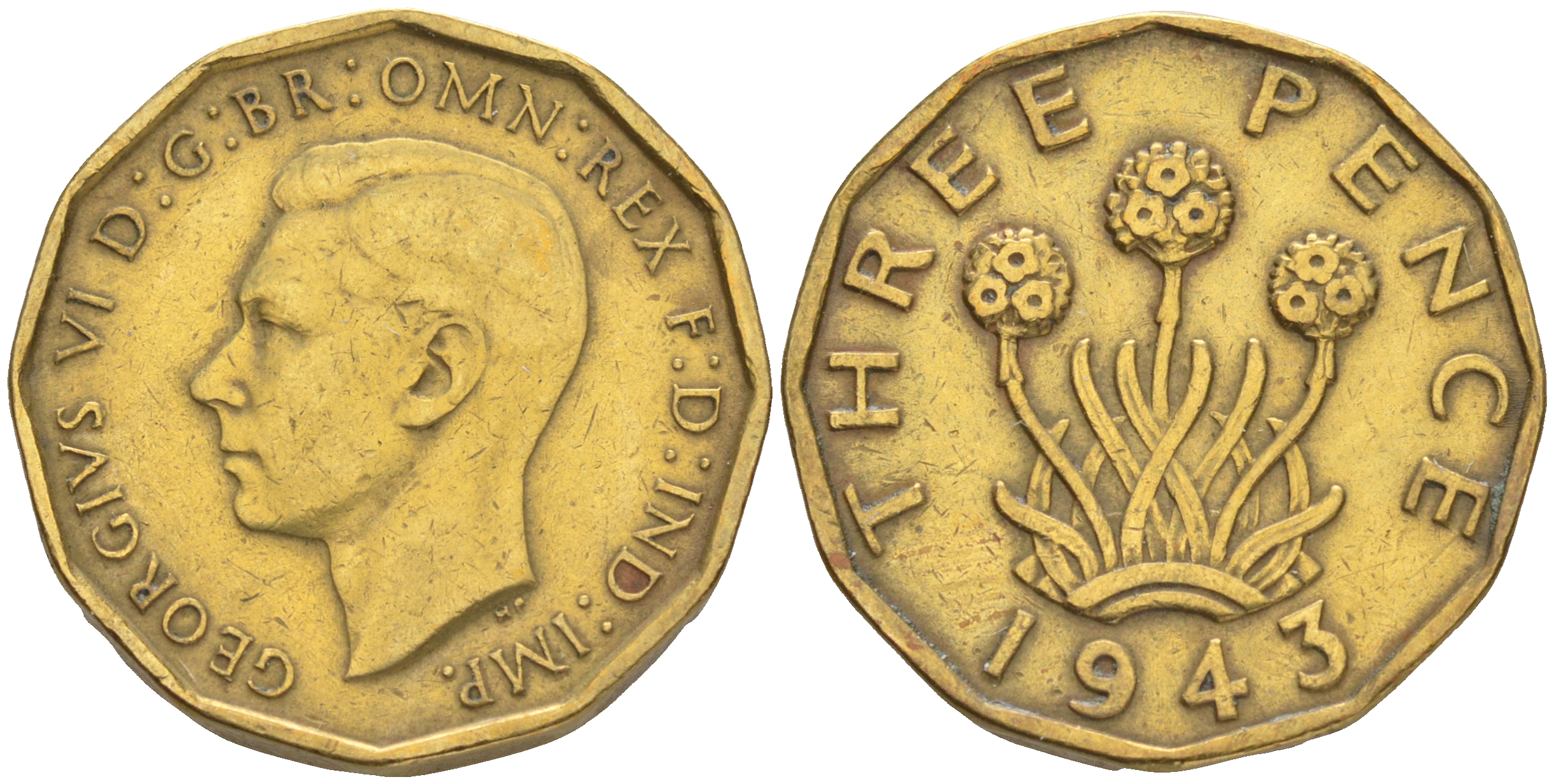 Великобритания 3 пенса 1943 Георг VI (1936-1952) KM 849, Spink 4112 никель латунь 4556-1053