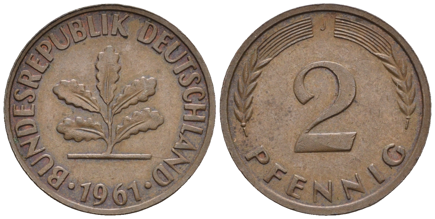 ФРГ 2 пфеннига 1961 J KM 106, J. 381 бронза 4609-333