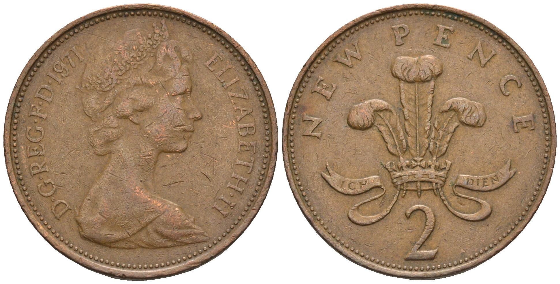 Великобритания 2 пенса 1971 Елизавета II (1952-2022) KM 916, Spink 4235 (C1) бронза 85-1114