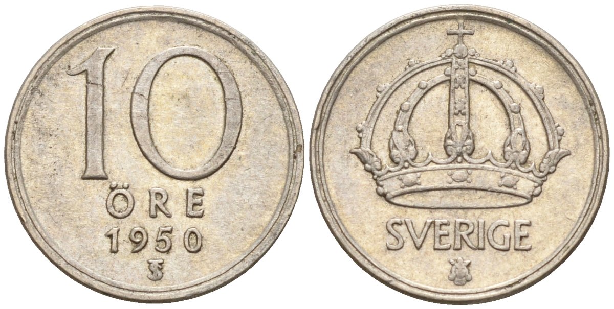 Швеция 10 эре 1950 TS, Густав V (1907-1950) KM 813 серебро 4147-859