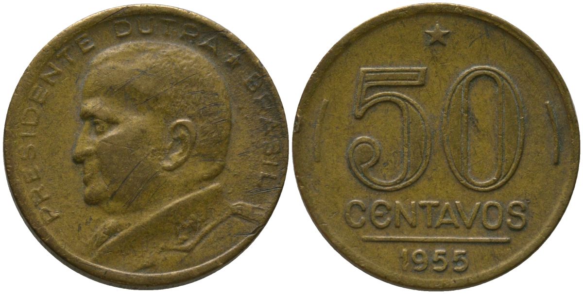 Бразилия 50 сентаво 1955 Эурику Дутра KM 563, Schon 68 алюминиевая бронза 4577-643