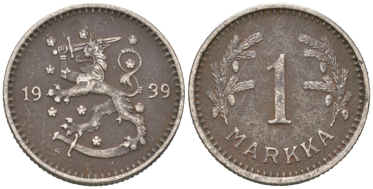 Финляндия 1 марка 1939 S KM 30 медно-никель 218-1143