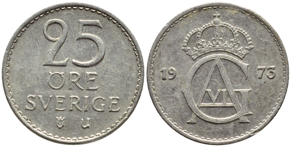 Швеция 25 эре 1973 U, Густав VI Адольф (1950-1973) KM 836 медно-никель 4396-524
