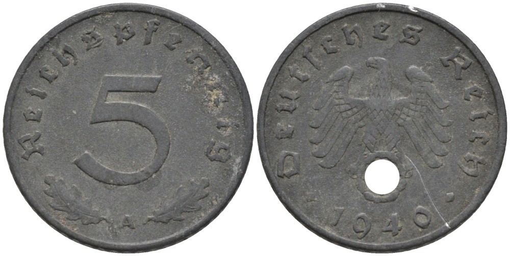 Германия 5 рейхспфеннигов 1940 А, монетный двор Берлин KM 100, J. 370 цинк 186-636