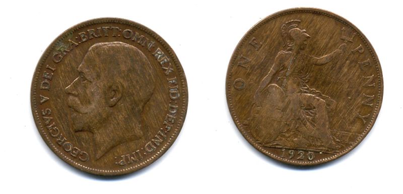 Великобритания 1 пенни 1920 Георг V (1910-1936) КМ 810, Spink 4051 бронза 47-345