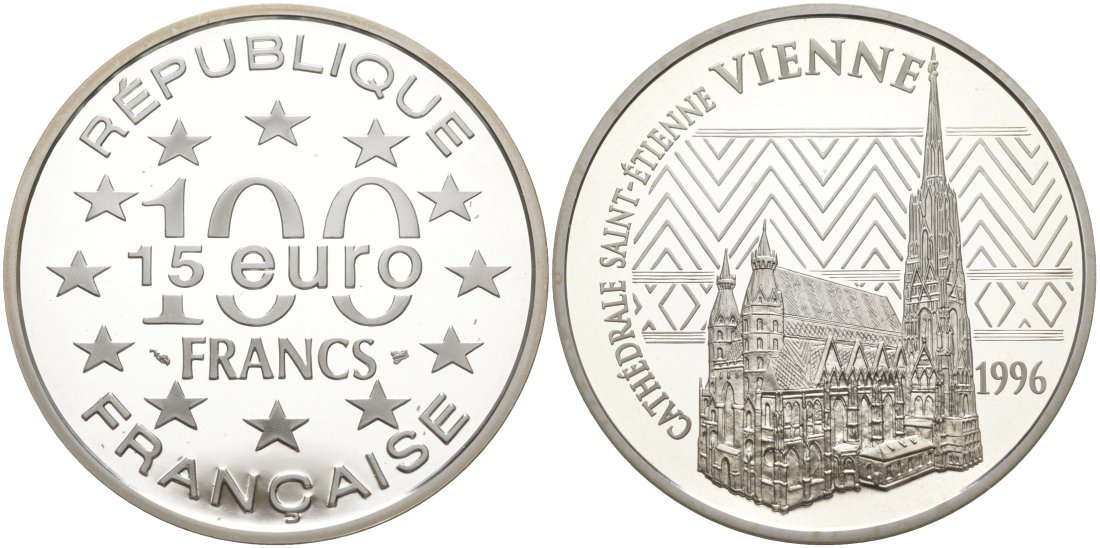 Франция 100 франков - 15 евро 1996 серия архитектурные монументы Европы, кафедральный собор Сент-Этьен в Вене, в оригинальной коробке, с сертификатом KM 1140 серебро PROOF 3-4-3-40