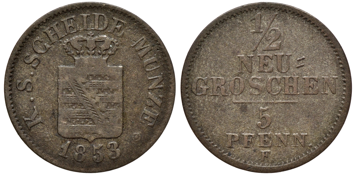 Саксония 1/2 новых гроша - 5 пфеннигов 1853 Фридрих Август II (1797-1854) KM 1158, J. 81 серебро 75-121