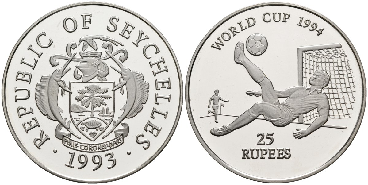 Сейшельские острова 25 рупий 1993 чемпионат мира по футболу в США 1994 года, тираж 15000 экз. KM 67 серебро PROOF 1078-3-63