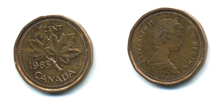 Канада 1 цент 1985 Елизавета II (1952-2022), кленовый лист KM 132 бронза 4364-721