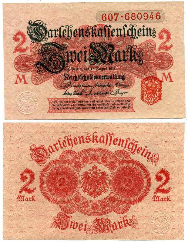 ГЕРМАНИЯ 2 МАРКИ 1914 РОЗОВАЯ БУМАГА, КРАСНАЯ ПЕЧАТЬ. СЕРИЯ 607 Pick 54, Rosenberg 52c бумага 7523-45-3