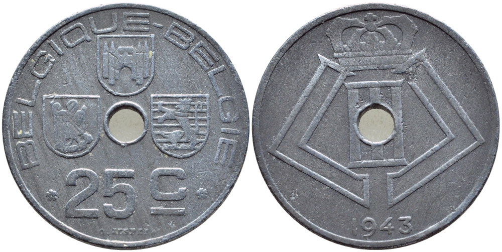 БЕЛЬГИЯ 25 САНТИМОВ 1943 BELGIQUE - BELGIE, ГЕРМАНСКАЯ ОККУПАЦИЯ, ВТОРАЯ МИРОВАЯ ВОЙНА KM 131 цинк 86-1533