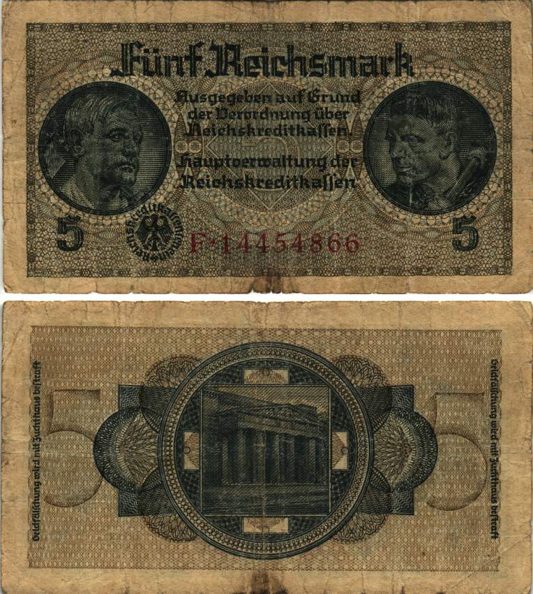 ГЕРМАНИЯ 5 РЕЙХСМАРОК 1940-1945 8 ЦИФР В НОМЕРЕ СЕРИИ, СЕРИЯ F, ДЛЯ ОККУПИРОВАНЫХ ТЕРРИТОРИЙ, ВТОРАЯ МИРОВАЯ ВОЙНА Pick R138b, Розенберг 553b бумага 8615-71-2-2