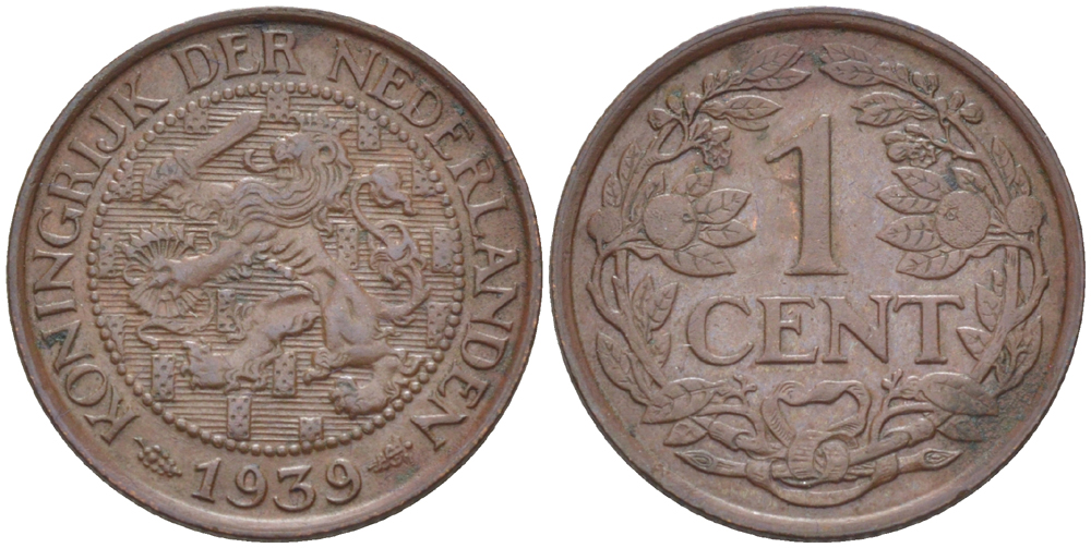 Нидерланды 1 цент 1939 Вильгельмина I (1890-1948) KM 152 бронза 76-335