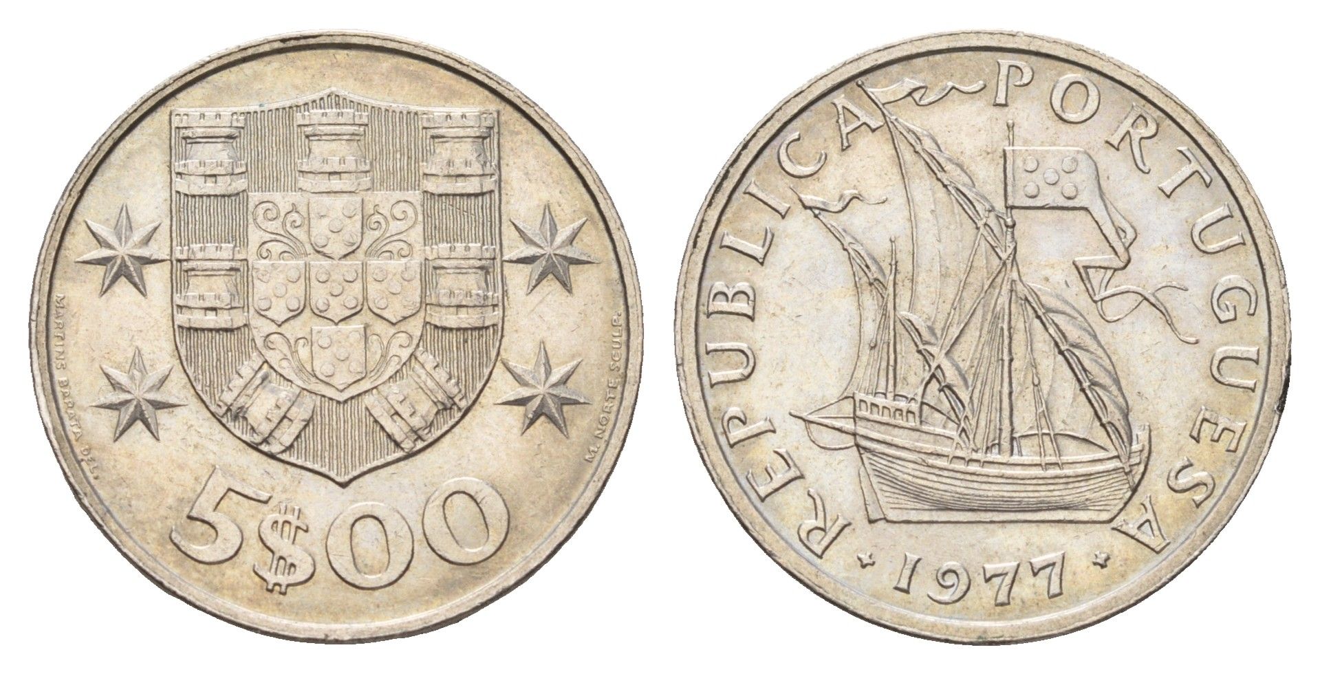 Португалия 5 эскудо 1977 KM 591 медно-никель 4671-1022