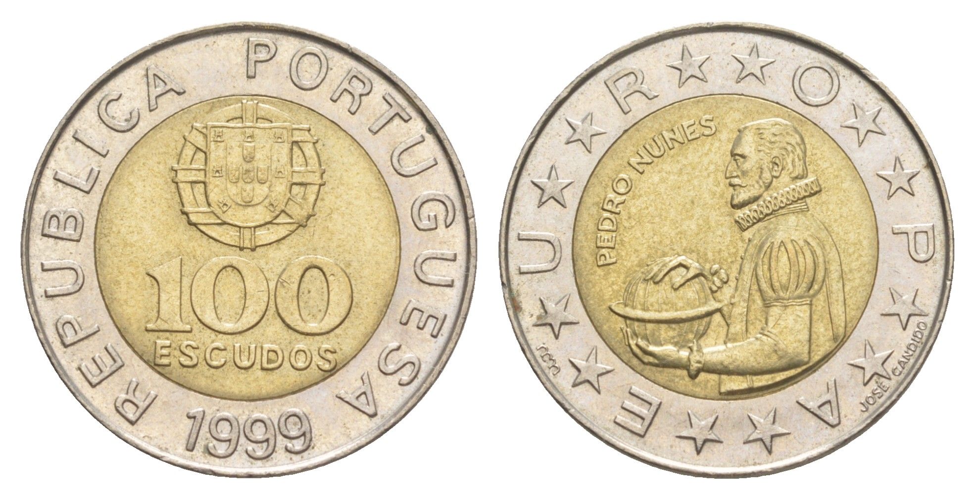 Португалия 100 эскудо 1999 Педру Нуниш (1502-1578), математик KM 645 биметалл 4391-1115
