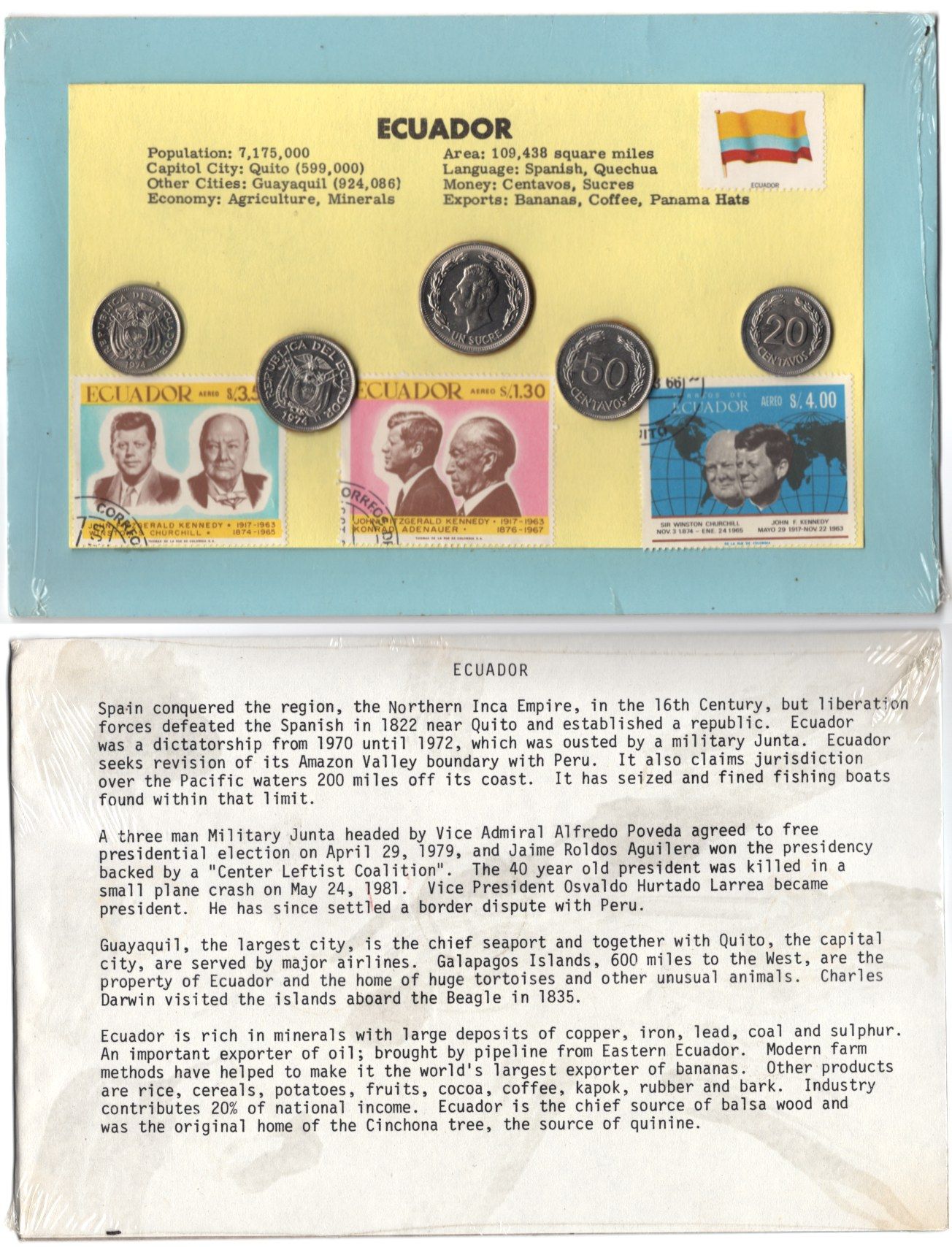Эквадор красочный набор из 5 монет (20 и 50 сентаво; 1 сукре) 1974 с информацией о стране и 3 марками UNC 7-5-5-14