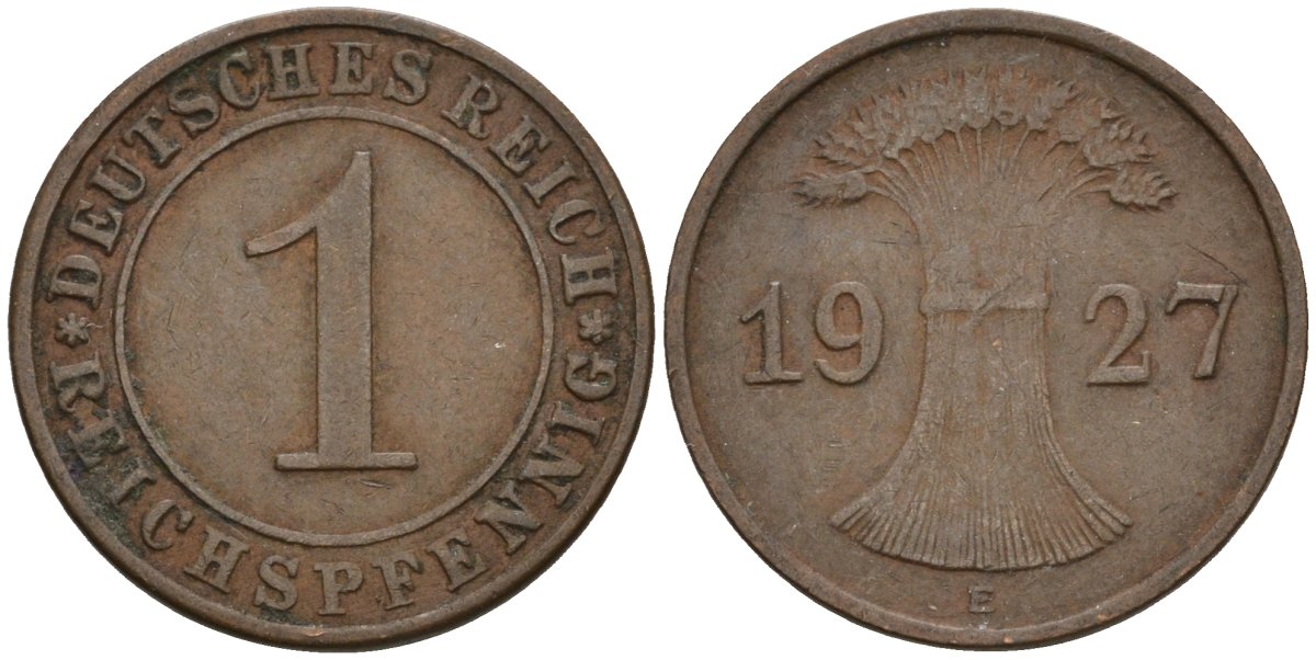 Германия 1 рейхспфенниг 1927 E KM 37, J. 313 бронза 4124-1238