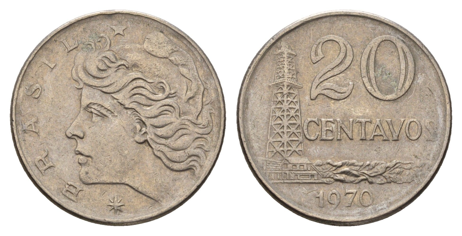 Бразилия 20 сентаво 1970 голова Свободы влево KM 579.2 медно-никель 3336-256