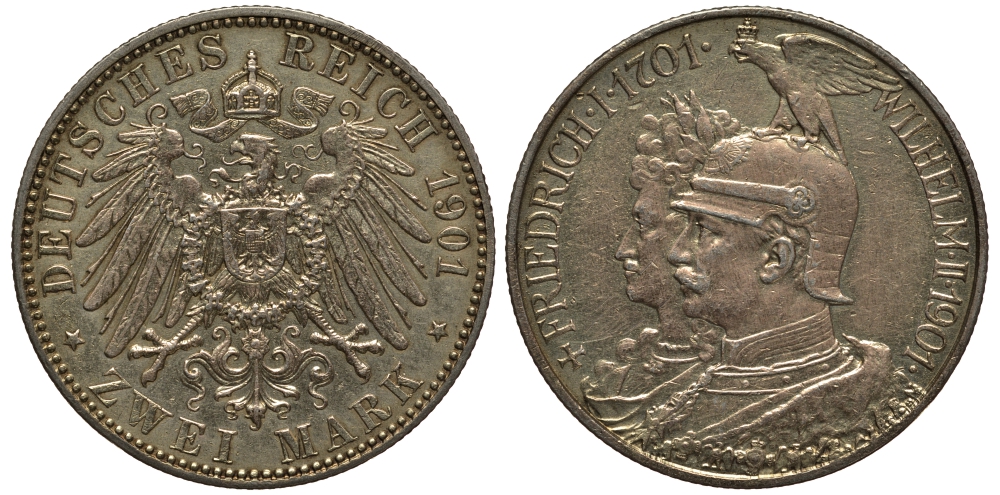 Пруссия 2 марки 1901 A, 200 лет Прусской королевской династии (Фридрих I - Вильгельм II) J.105, Weege 105, KM 525 серебро 3711-1035