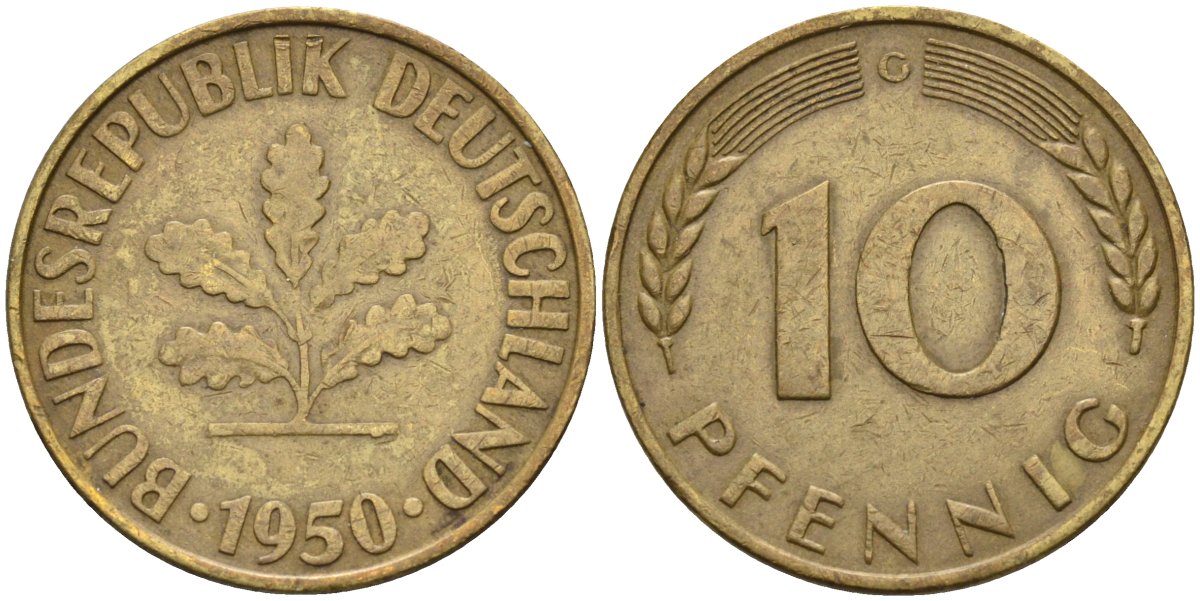 ФРГ 10 пфеннигов 1950 G KM 108, J. 383 сталь плакированная латунью 4586-634