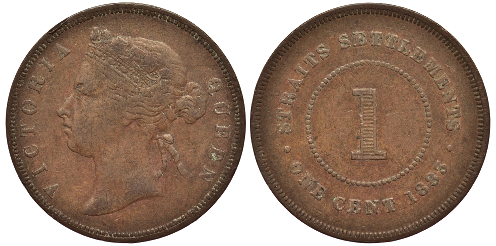 Стрейтс-Сетлментс 1 цент 1883 Виктория (1837-1901), медальный тип KM 9 медь 1523-323