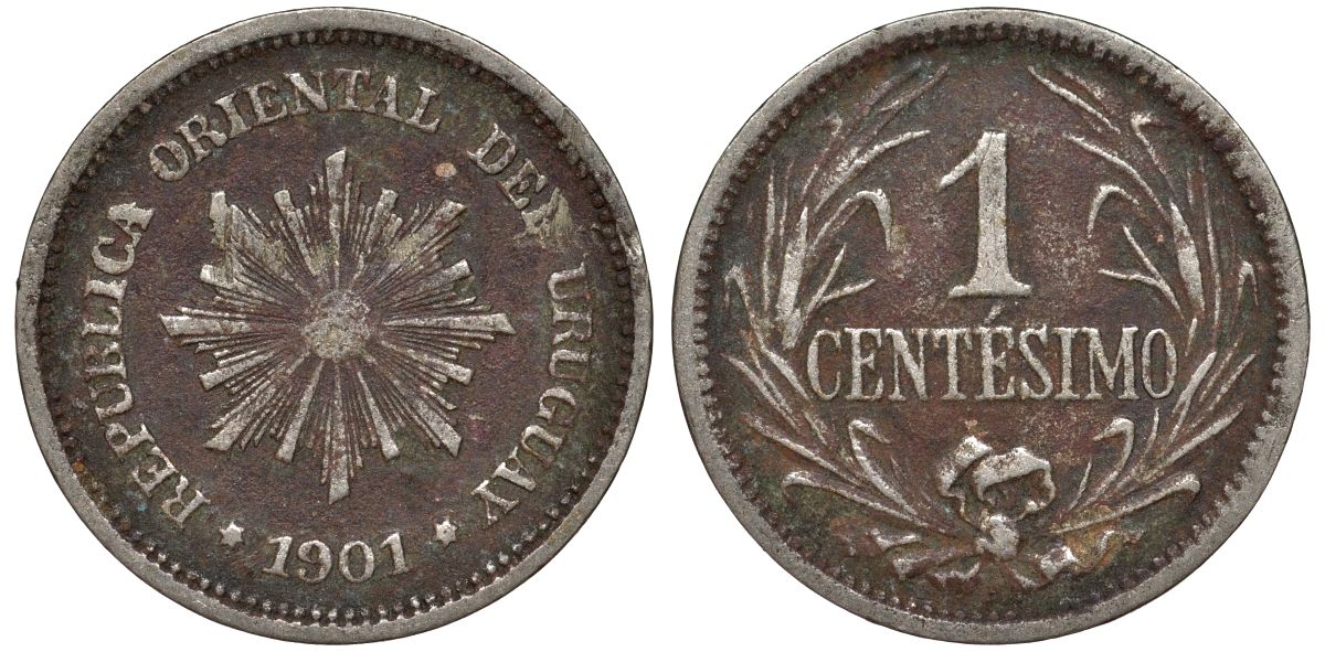 Уругвай 1 сентесимо 1901 KM 19 медно-никель 4169-558