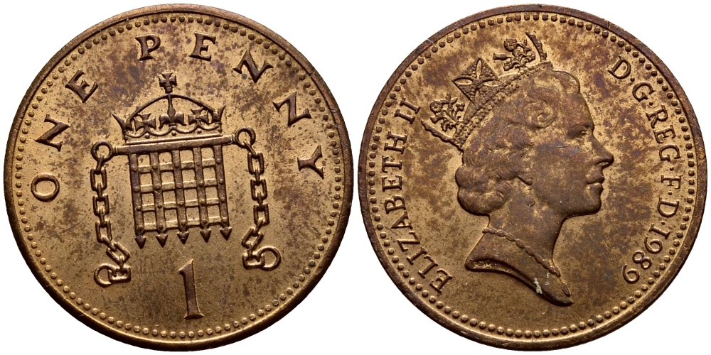 Великобритания 1 пенни 1989 Елизавета II (1952-2022) KM 935, Spink 4381 (B3) бронза 58-142