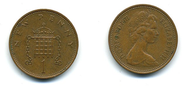 Великобритания 1 пенни 1971 Елизавета II (1952-2022) KM 915, Spink 4237 (B1) бронза 4110-744
