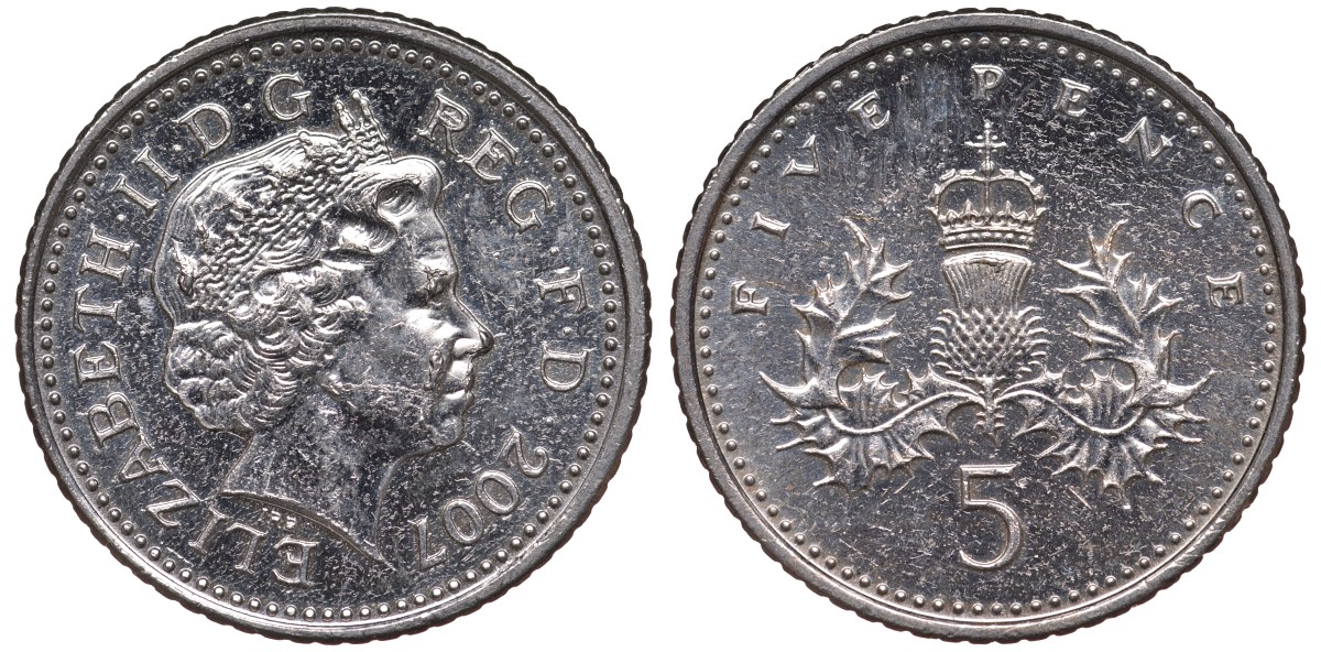 Великобритания 5 пенсов 2007 Елизавета II (1952-2022) KM 988, Spink 4670 (D5) медно-никель 4124-666