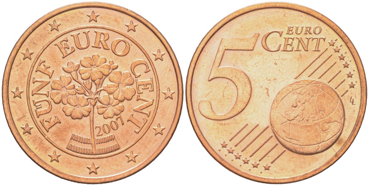Австрия 5 евроцентов 2007 KM 3084 сталь плакированная медью UNC 4614-736