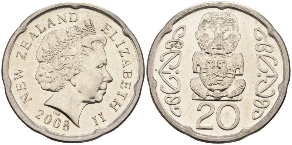 Новая Зеландия 20 центов 2008 Елизавета II (1952-2022), идол Пукаки KM 118а никелированная сталь 4579-1223