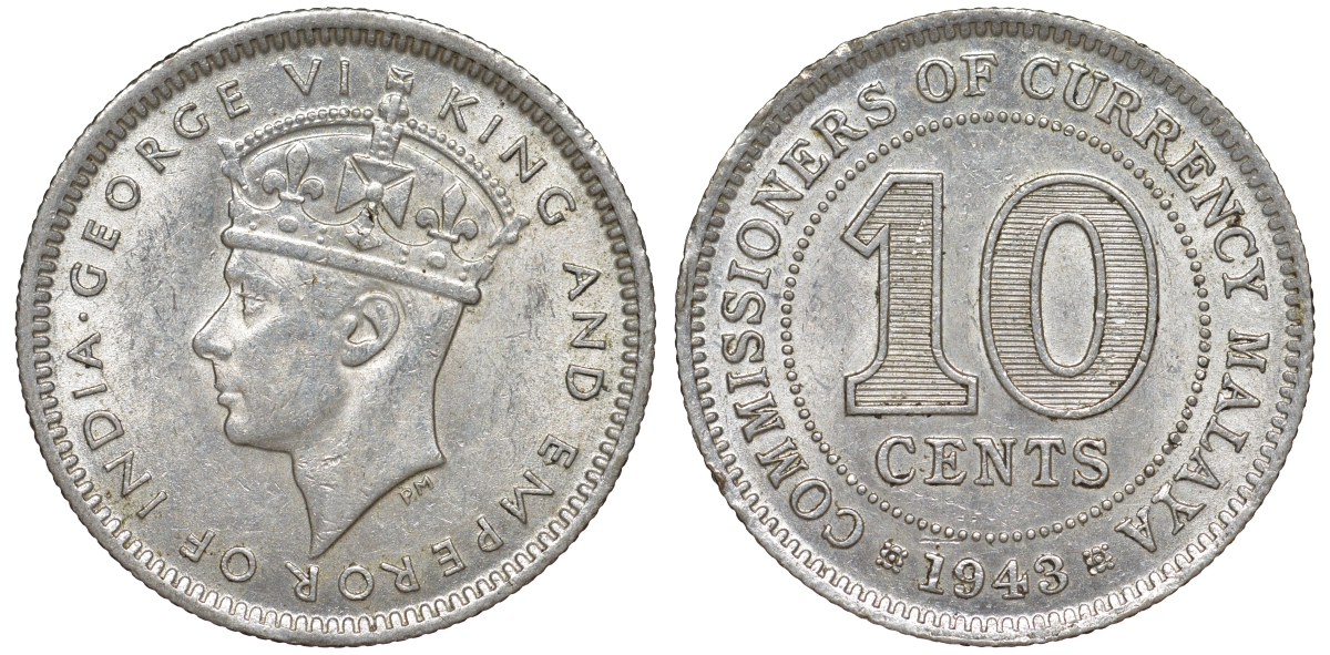 Британская Малайя 10 центов 1943 Георг VI (1937-1952) KM 4a серебро 53-234