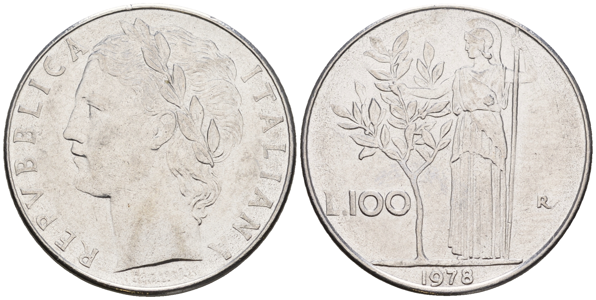 Италия 100 лир 1978 R, богиня Афина KM 96.1 нержавеющая сталь 259-152