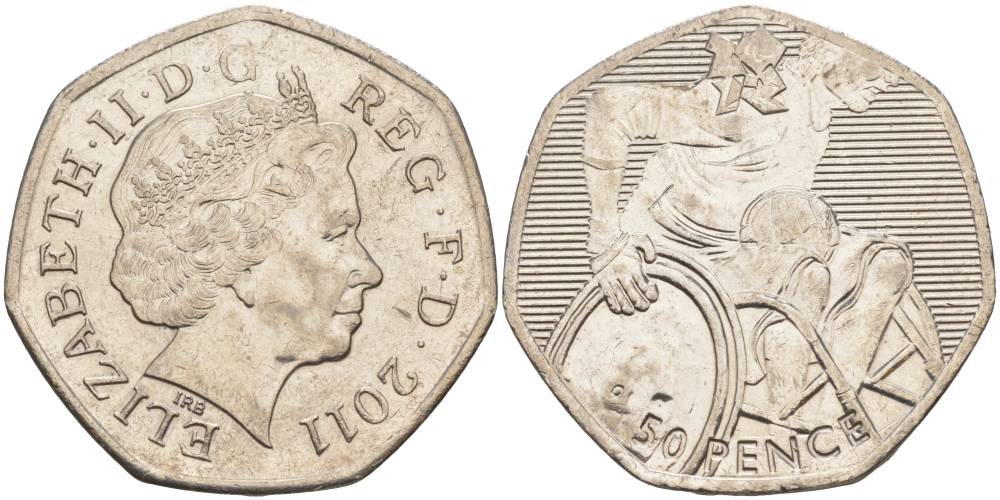 Великобритания 50 пенсов 2011 XXX летние Олимпийские игры в Лондоне в 2012 году, регби на колясках, Елизавета II (1952-2022) KM 1187, Spink LO28 медно-никель 00-00