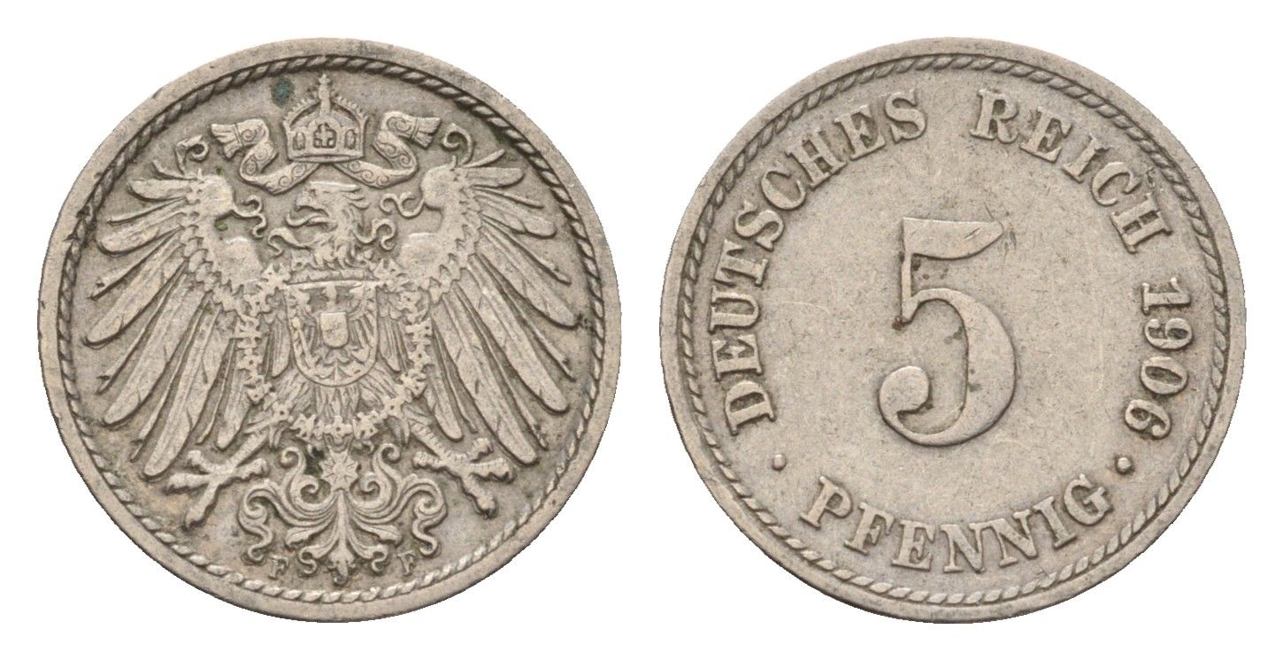 Германия 5 пфеннигов 1906 F, Вильгельм II (1888-1918) KM 11, J. 12 медно-никель 4636-133