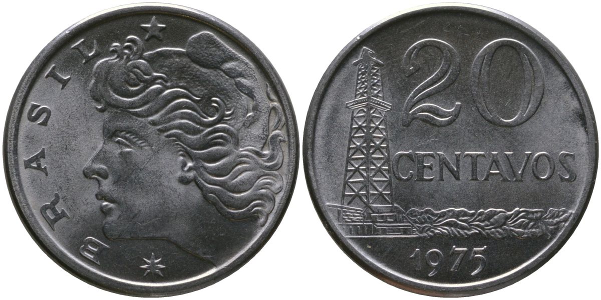 Бразилия 20 сентаво 1975 голова свободы влево KM 579.1a, Schon 84b нержавеющая сталь 4577-636
