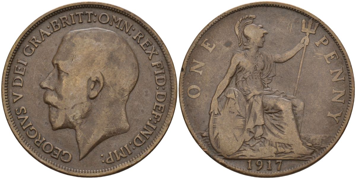 Великобритания 1 пенни 1917 Георг V (1910-1936) KM 810, Spink 4051 бронза 4149-721