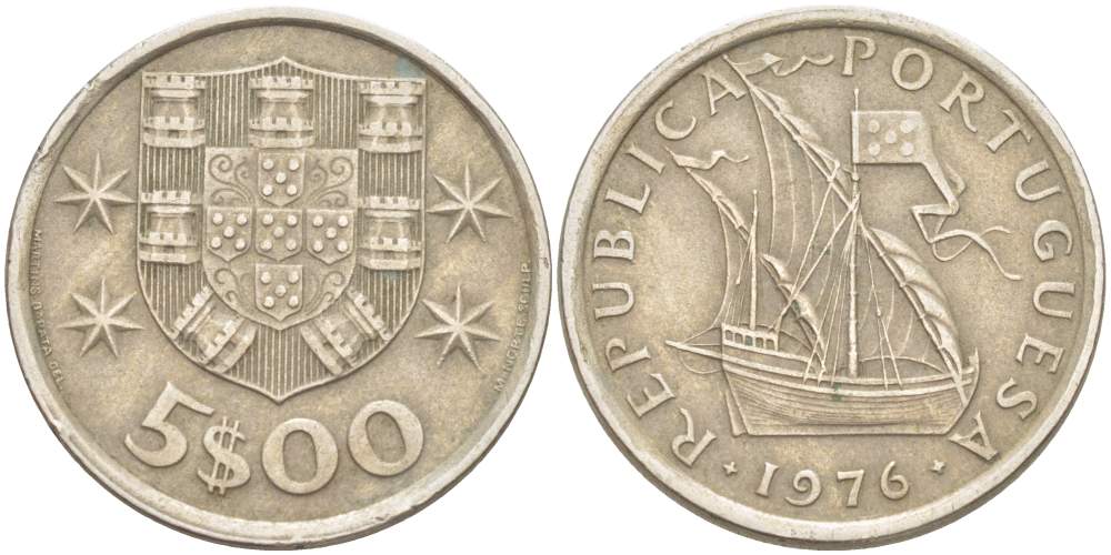 ПОРТУГАЛИЯ 5 ЭСКУДО 1976 ПАРУСНИК KM 591 медно-никель 4523-546