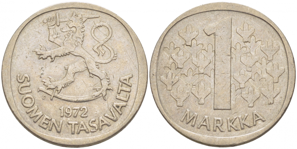 ФИНЛЯНДИЯ 1 МАРКА 1972 S KM 49а медно-никель 3718-722