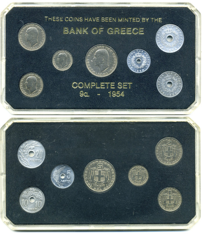 Греция набор из 7 монет 1954 в пластике, монеты из обращения 3-6-3-11