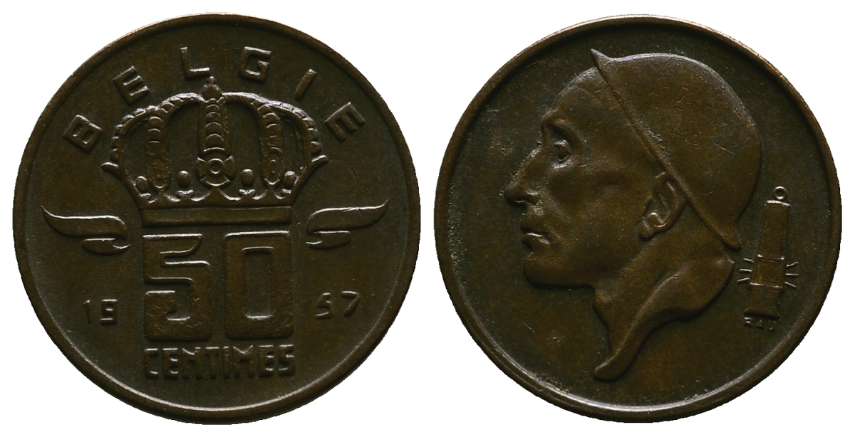 Бельгия 50 сантимов 1957 Belgie, Бодуэн I (1951-1993) KM 149.1 бронза 4384-731